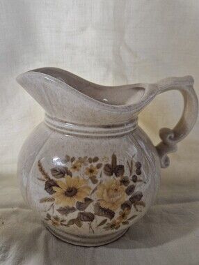 Vintage Floral Stoneware Pitcher – Yellow Brown Flowers  Cottage Farmhouse Decor